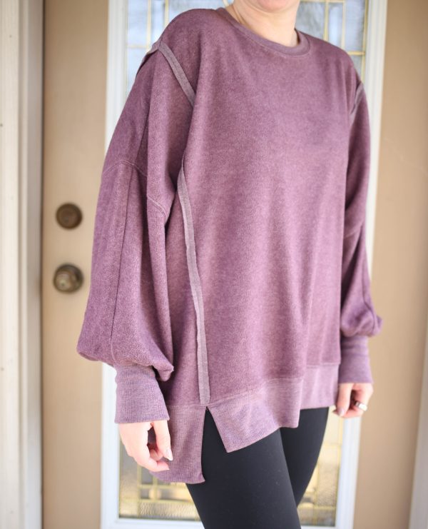 Cozy Fleece Hem Detail Plum Sweatshirt | Boutique Elise - Image 2