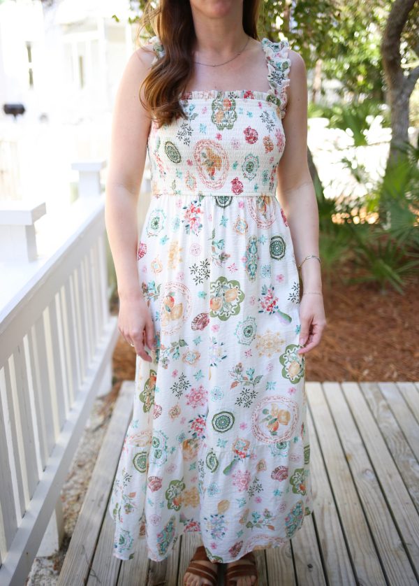 Off-White with Colorful Print Smocked Detail Dress | Danielle