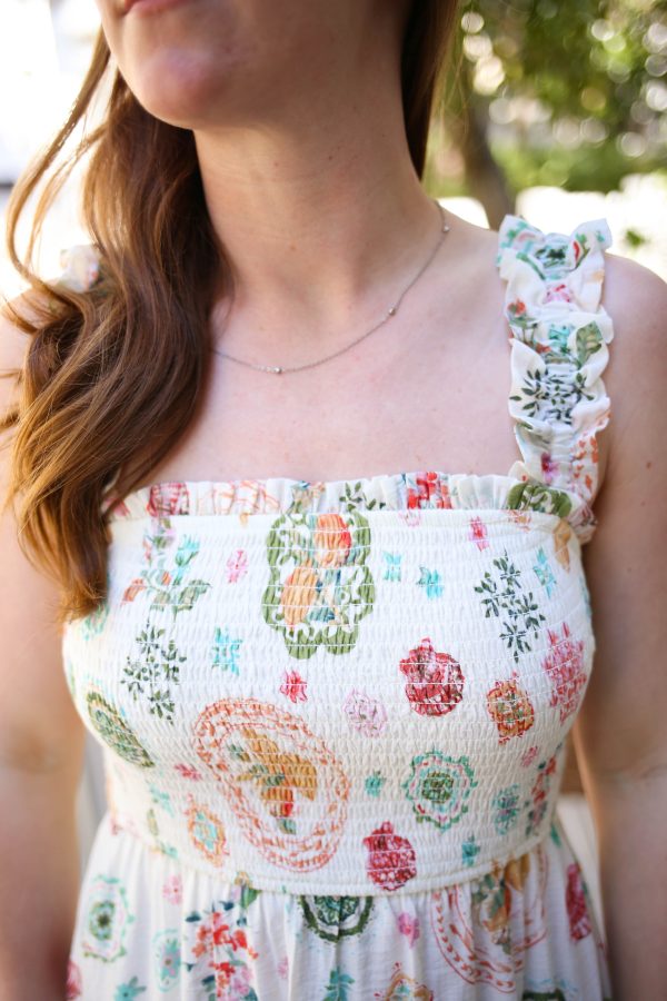 Off-White with Colorful Print Smocked Detail Dress | Danielle - Image 2