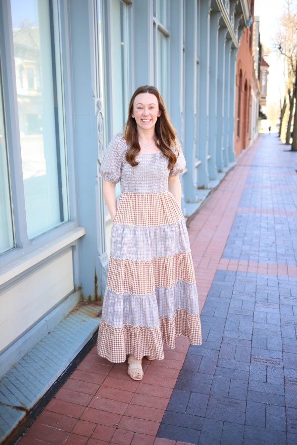 Mocha and Blue Check Maxi Dress | Amelia