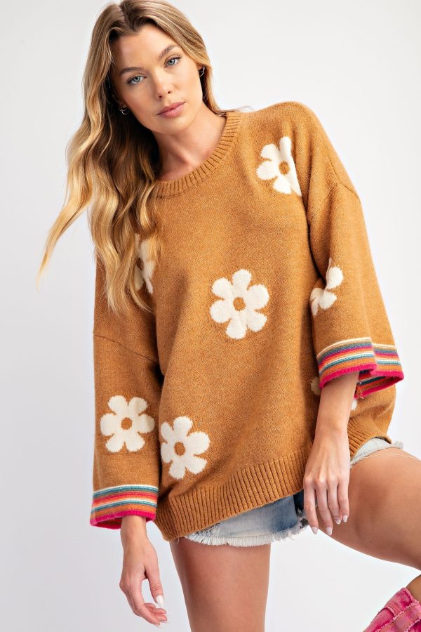 Camel Floral Print 3/4 Sleeve Sweater | Boutique Elise | Andy